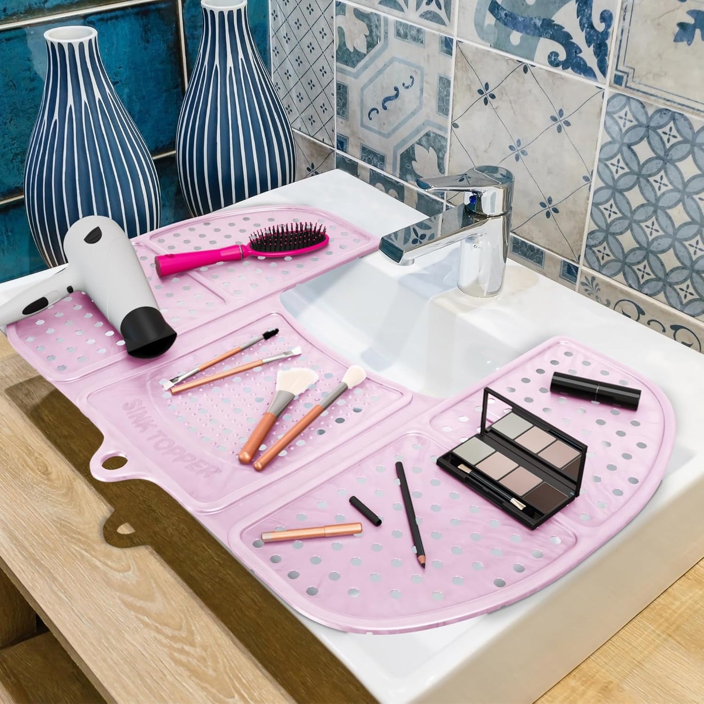 Sink Topper Bathroom Counter Cover & Storage Saver, Foldable Silicone Mat for Hot Tools, Hair Styling & Makeup, Beauty Brush Cleaning Mat, RV Camper Sink Cover & for Small Spaces (Large Pink)
