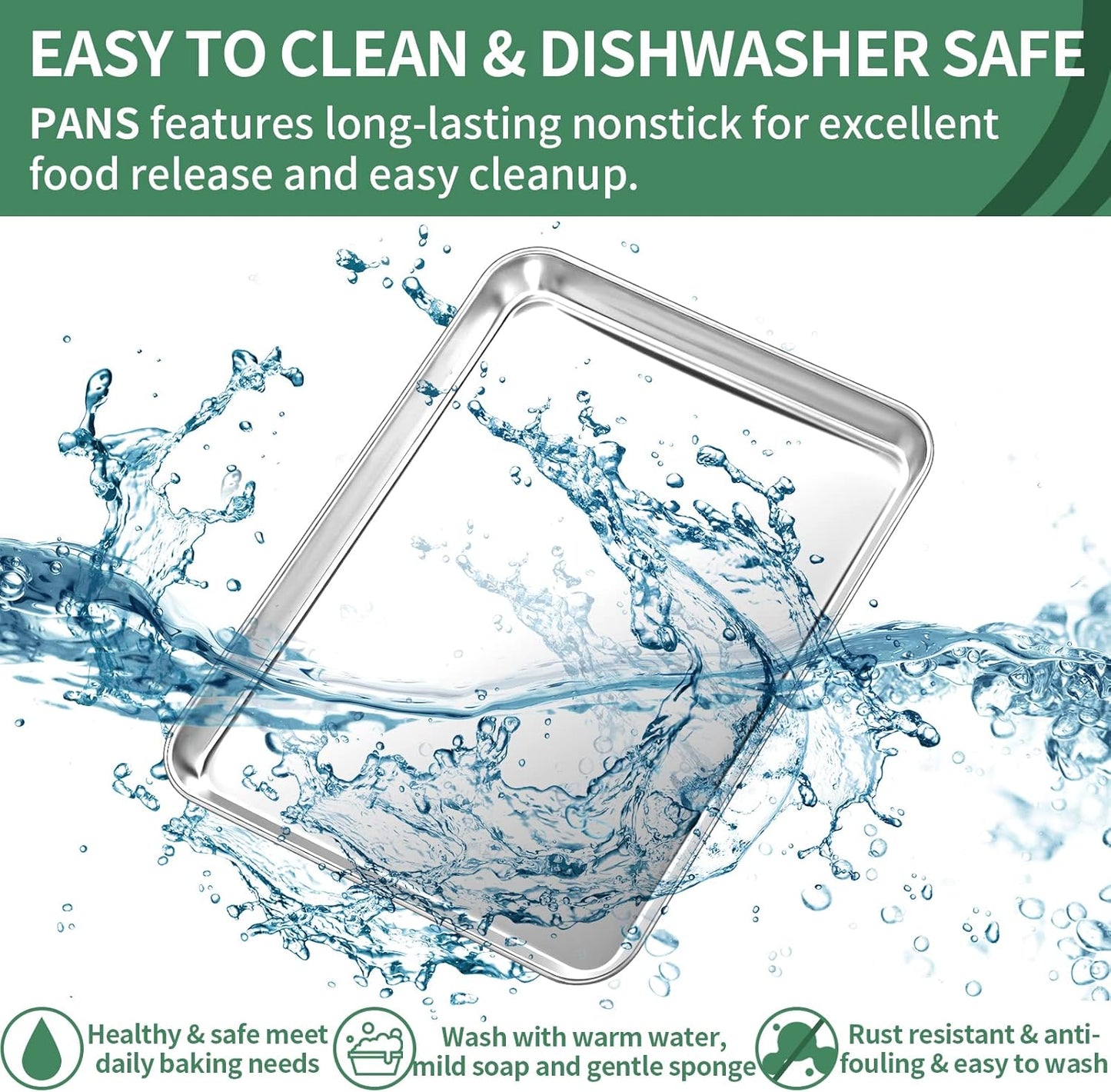 Baking Sheets Set of 2, HKJ Chef Cookie Sheets 2 Pieces & Stainless Steel Baking Pans & Toaster Oven Tray Pans, Rectangle Size 18 x 13 x 1 inch, Non Toxic & Healthy & Easy to Clean