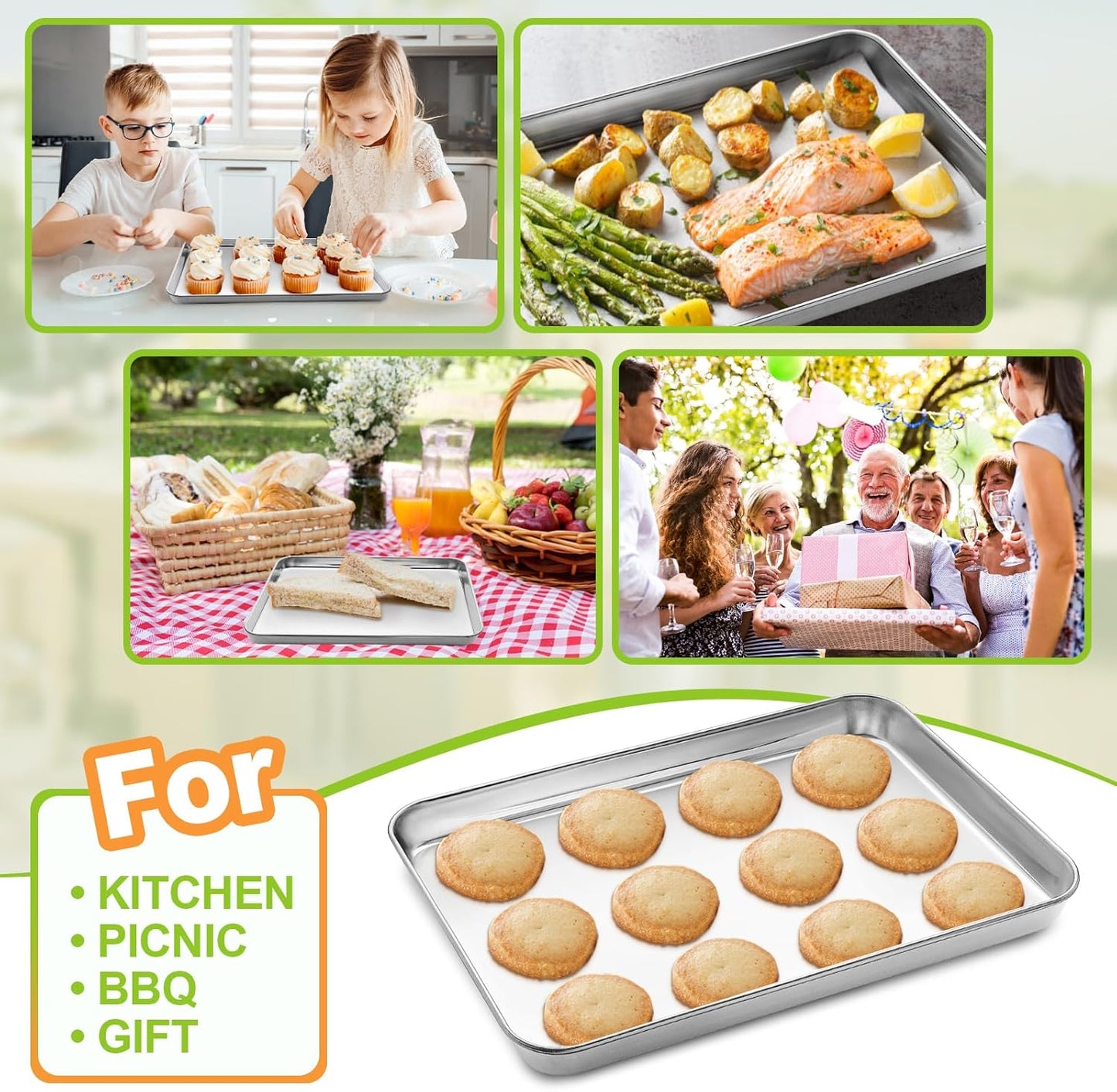 Small Baking Sheet of 2, CEKEE Stainless Steel Baking Pan Tray Cookie Sheet, Size 9 X 7 X 1 inch, Healthy & Non Toxic, Rust Free & Mirror Finish, Easy Clean & Dishwasher Safe