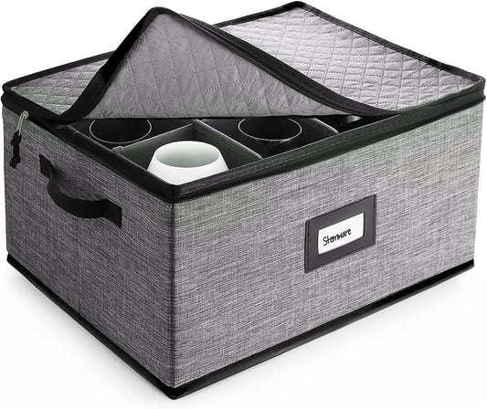Hearth & Harbor Wine Glass Storage Box with Dividers, Quilted and Stackable Stemware Storage Cases, Service of 12 Glass China Container Hard Shell for Moving and Organization, Grey