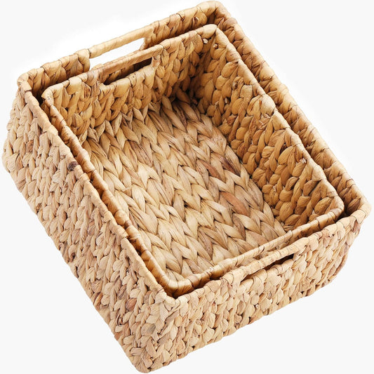 HOONEX Water Hyacinth Storage Baskets, Wicker Baskets for Organizing, Hand Woven Baskets with Carry Handles, Set of 2, Natural