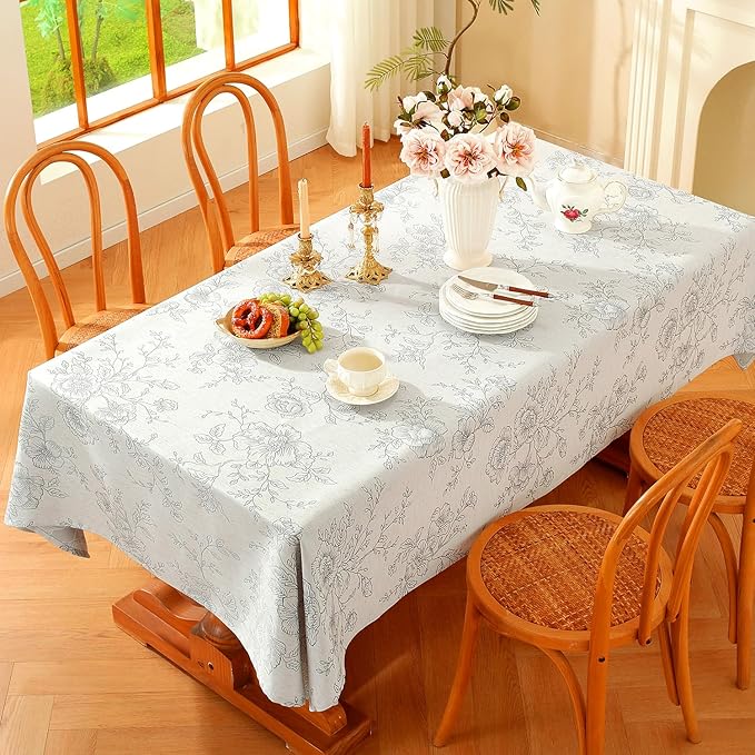 Chassic Premium Vintage Farmhouse Damask Floral 60 x 104 inch Rectangle Table Cloth – Water Resistant Linen Textured Jacquard Tablecloth for Kitchen Dining & Picnic Decor - Grey