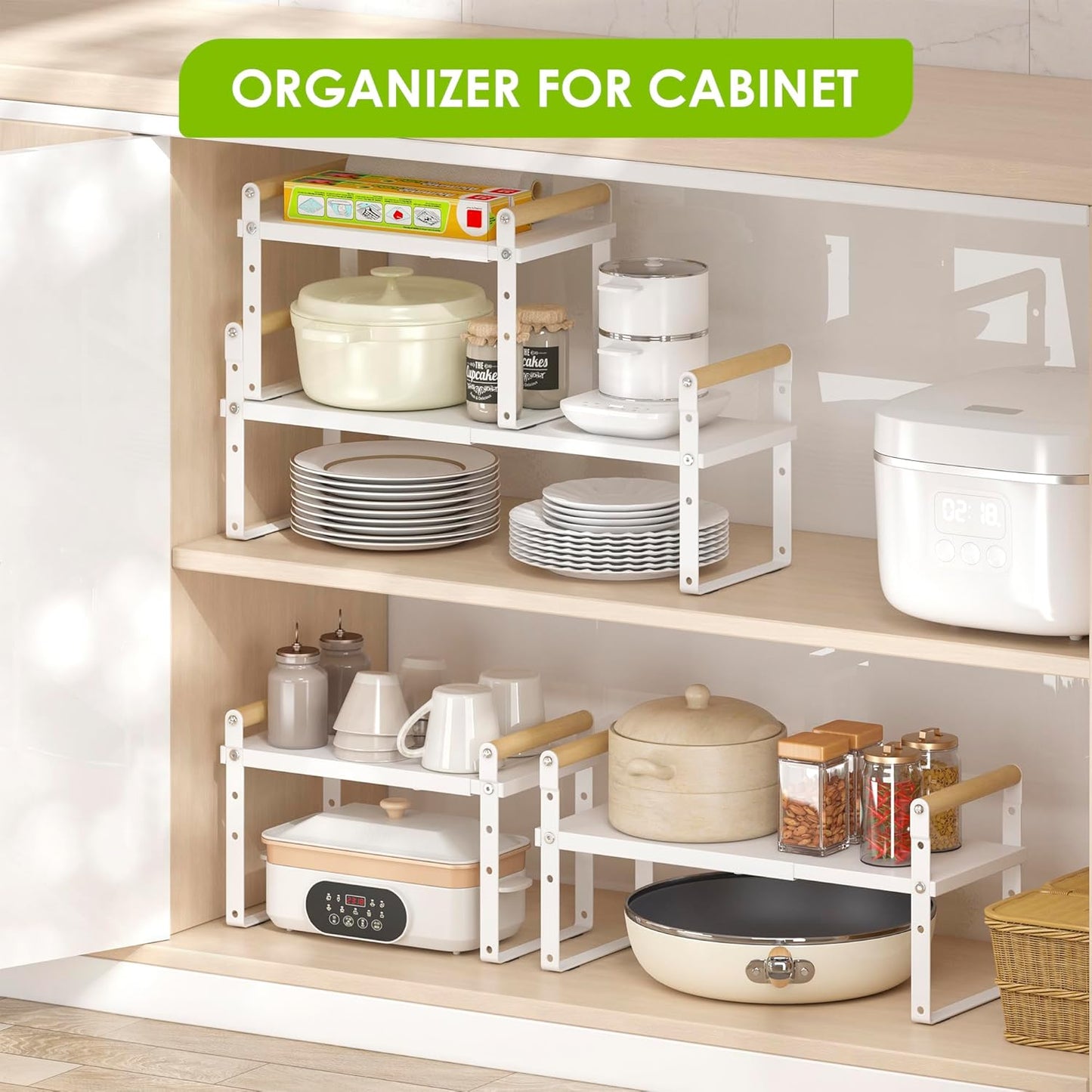 DOLALIKE Expandable kitchen Countertop Organizer, Stackable Cabinet Shelf Organizers, Space Saving Spice Rack Pantry Storage for Bathroom Office Organization (6.9'D*13-19.7''W*15.7''H, White)