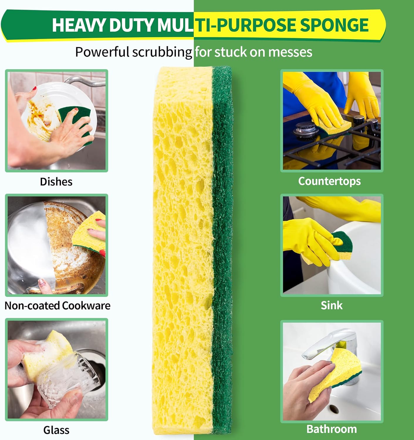 HOMERHYME Heavy Duty Cellulose Scrub Sponges, 12 Pack Dual-Sided Multipurpose Kitchen Sponge for Dishwashing, Uncoated Cookware, Sink, and Countertops