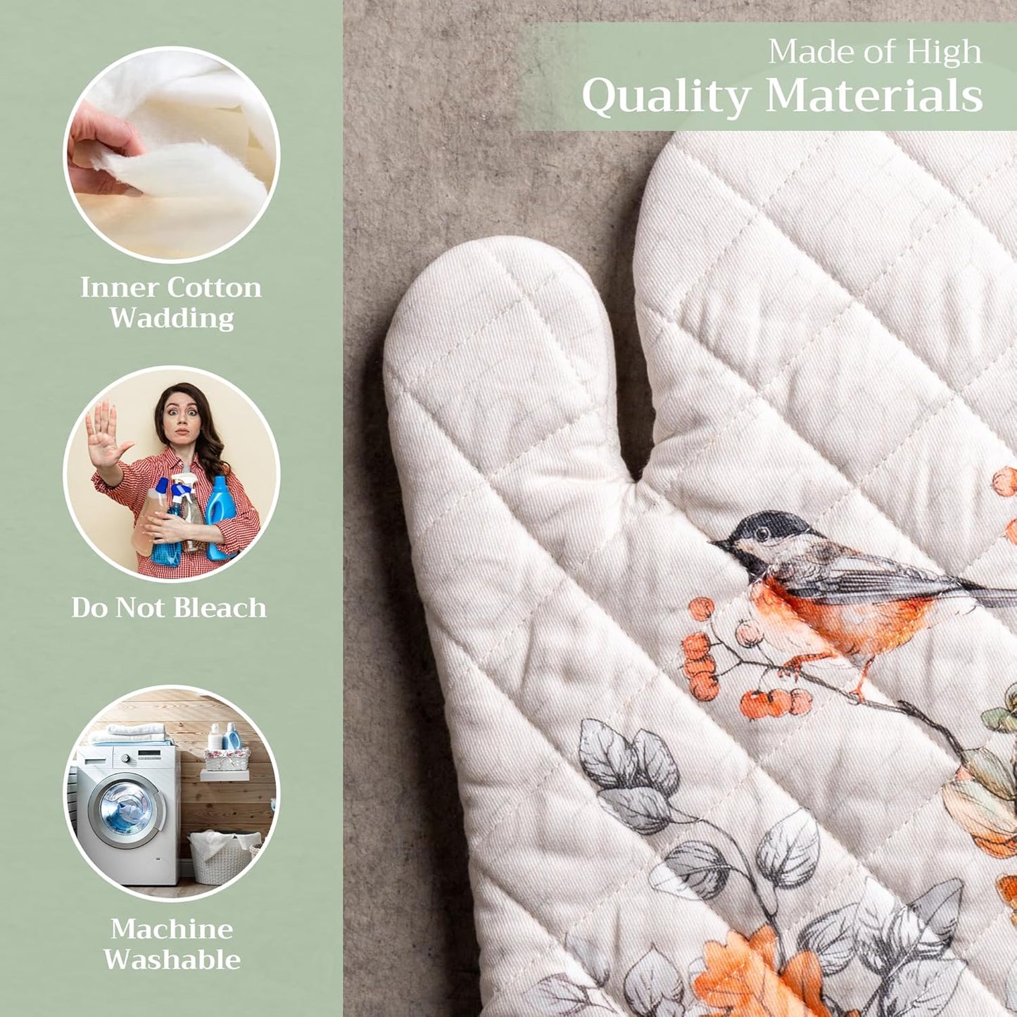 Maison d' Hermine Oven Gloves 100% Cotton Oven Mitt 7" x 13" with Loop Heat Resistant, BBQ, Cooking Gloves, Baking, Grilling, Kitchen, Handling Hot Pans (Pack of 1, Whitish Shabby Chique)