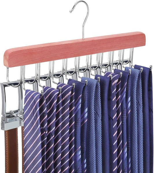 TOPIA HANGER Cedar 2 in 1 Belt Tie Hanger for Closet Max 30 Belts with 30 Ties Capacity, 20 Hooks Belt Tie Racks Hanger for Closet Organizer Storage “U” Fit Belt and “一” Fit Tie - CT53C