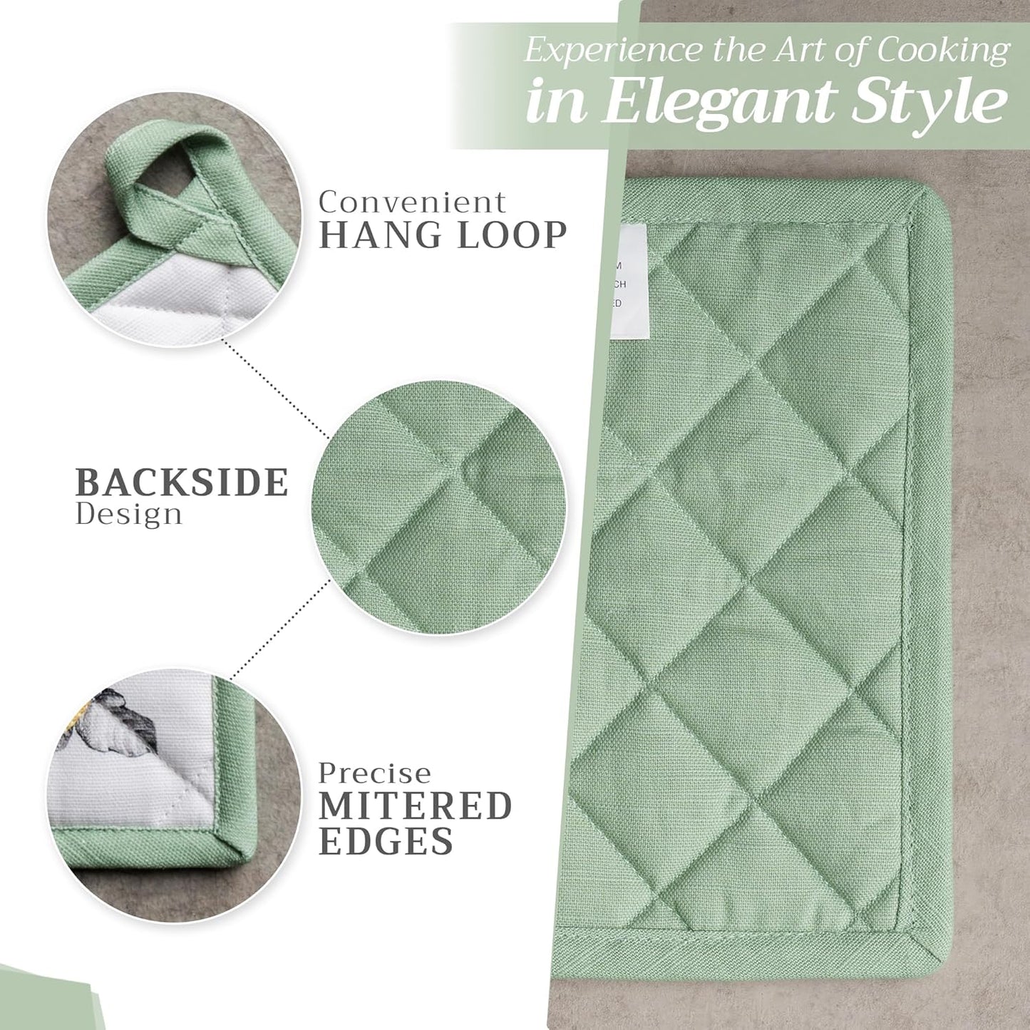 Maison d' Hermine 100% Cotton Oven Mitt & Pot Holder Set (7.5"x13" & 8"x8") Heat Resistant BBQ Cooking Gloves with Loop, Baking, Grilling, Kitchen, Handling Hot Pans Spring/Summer (Printemps)