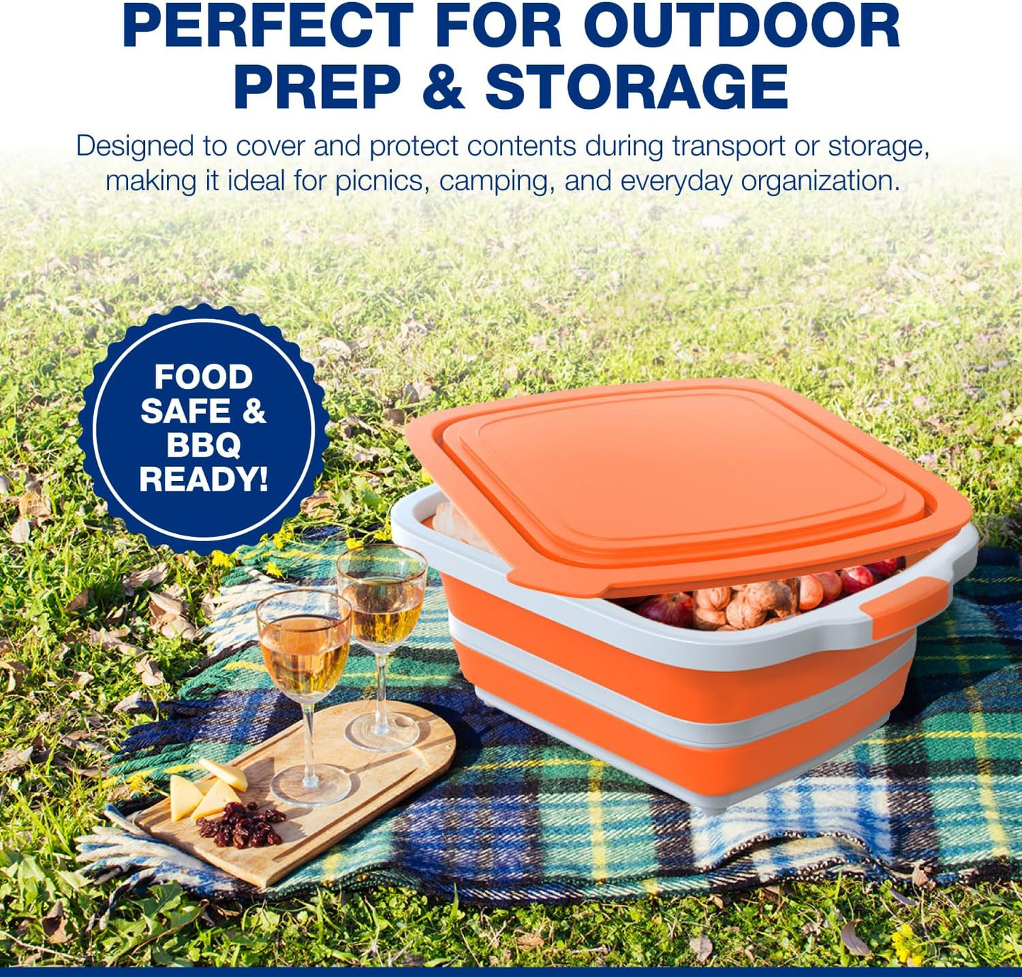2-Pack XL Collapsible BBQ Prep Tub with Built-In Cutting Board, Lid & Strainer – Marinate, Drain & Prep – Large Food-Safe Container – Perfect for Grilling, Smoking & Outdoor Cooking