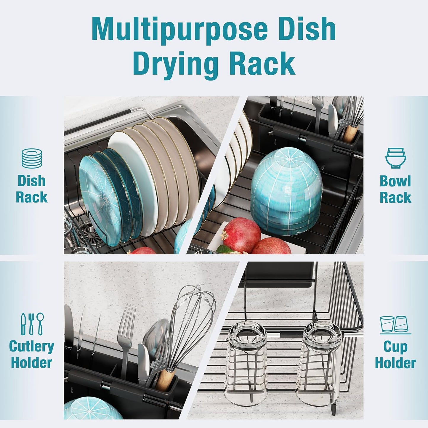 JASIWAY Dish Drying Rack in Sink, Over The Sink Colander Strainer Basket, Stainless Steel Strainer Basket with Expandable Rubber Grip Handles for Vegetables, Fruits, Home Kitchen Essentials, Black