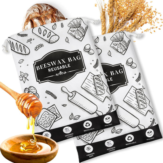 2-Pack Beeswax Bread Bags for Homemade Bread, Black Reusable Sourdough Storage Bags with Premium Beeswax Coating for Loafs Baguette Fresh Keeping,Great Homesteading Essentials and Baking Gifts.