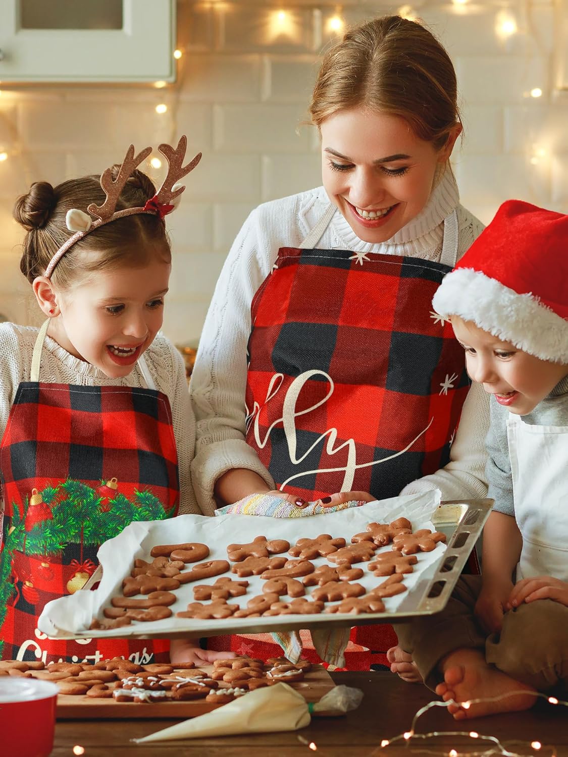 SATINIOR 4 Pcs Christmas Aprons Adjustable Kitchen Cooking Aprons Xmas Buffalo Plaid Merry Christmas BBQ Bib for Adults