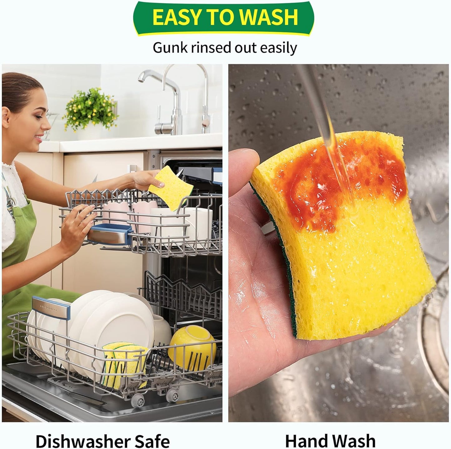 HOMERHYME Heavy Duty Scrub Sponge 24 Pack, Eco Cellulose Kitchen Dish Sponge Multipurpose Ergonomic for Washing Dishes, Uncoated Cookware & Household Cleaning.