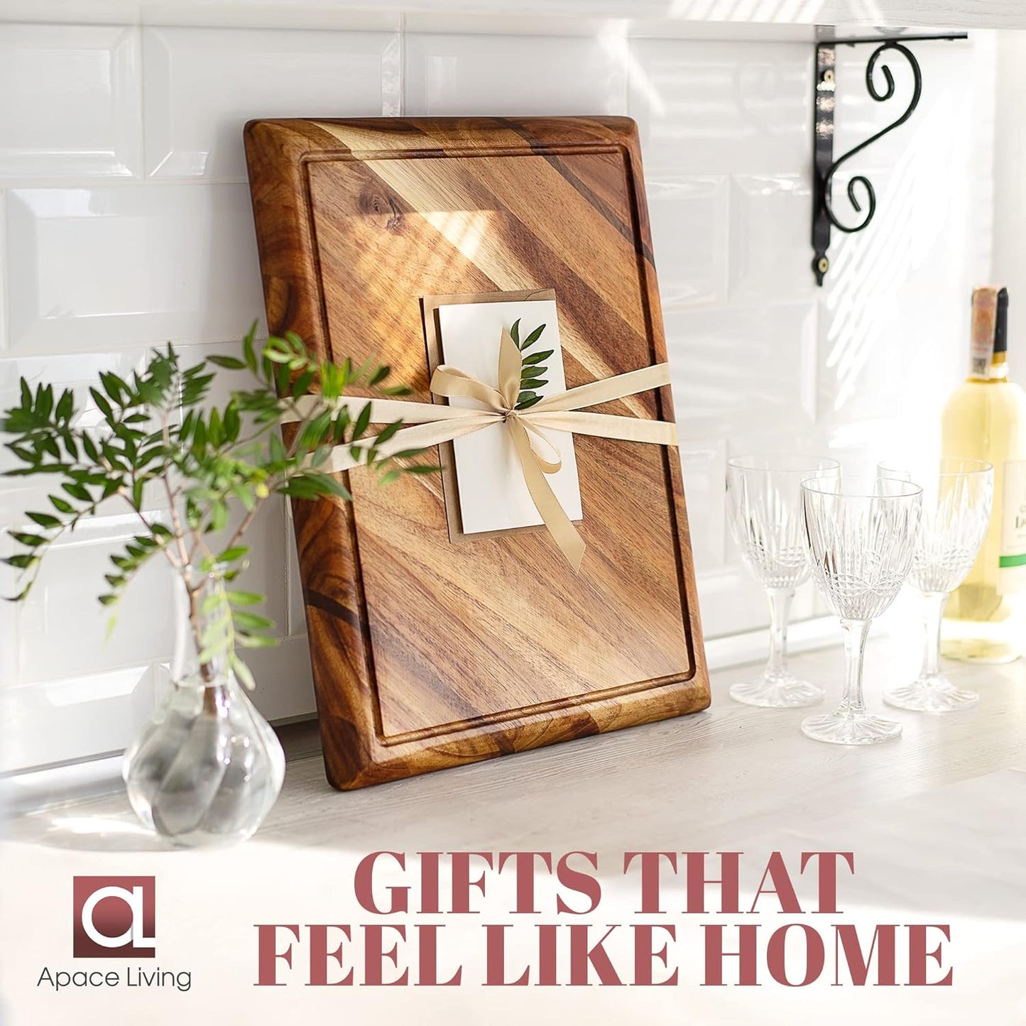 Contour Wood Cutting Board - Large Acacia Butcher Block Chopping Board for Kitchen w/Stand, Sustainable Wood, Juice Groove - Doubles as 4 Compartment Serving Board - Apace Living 17x13x1.5