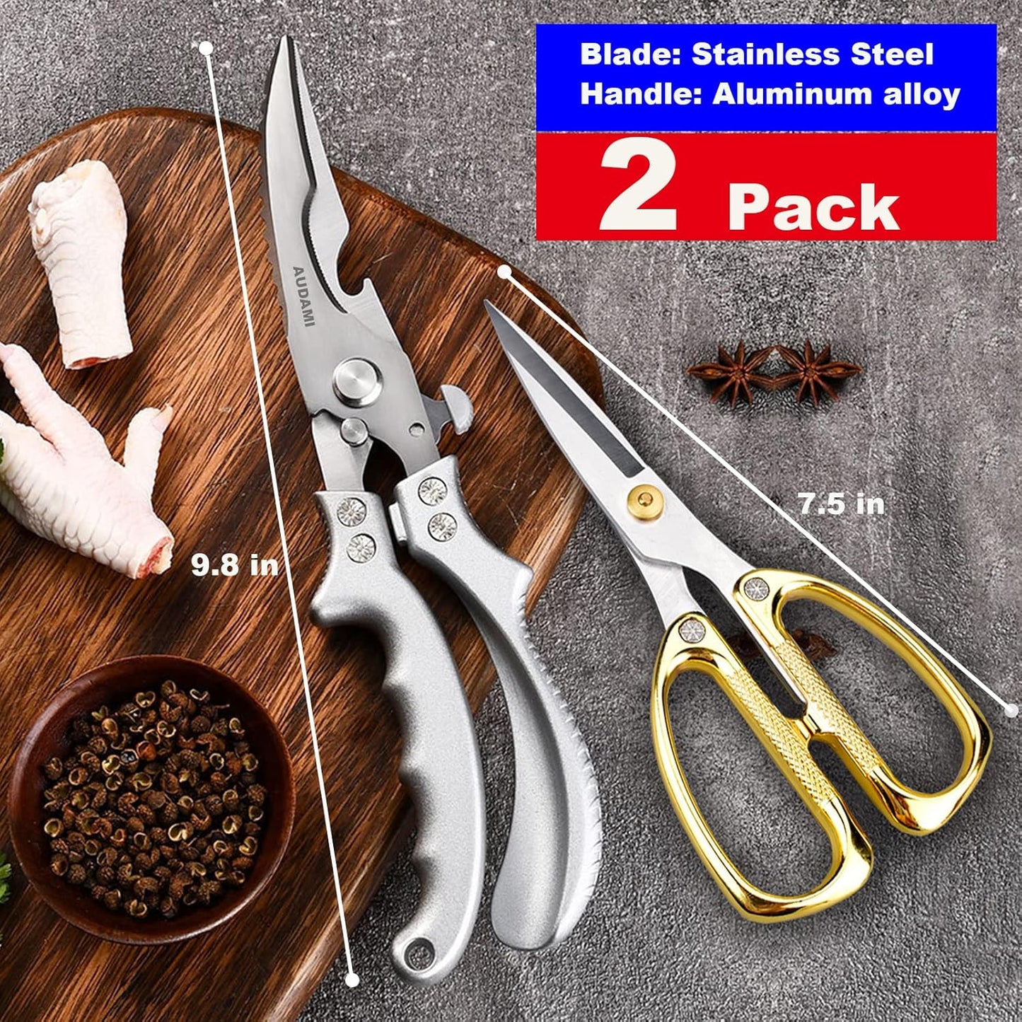 Stainless Steel Heavy Duty Kitchen Scissors - 2 Pack Multipurpose Food Scissors, Poultry & Meat Shears