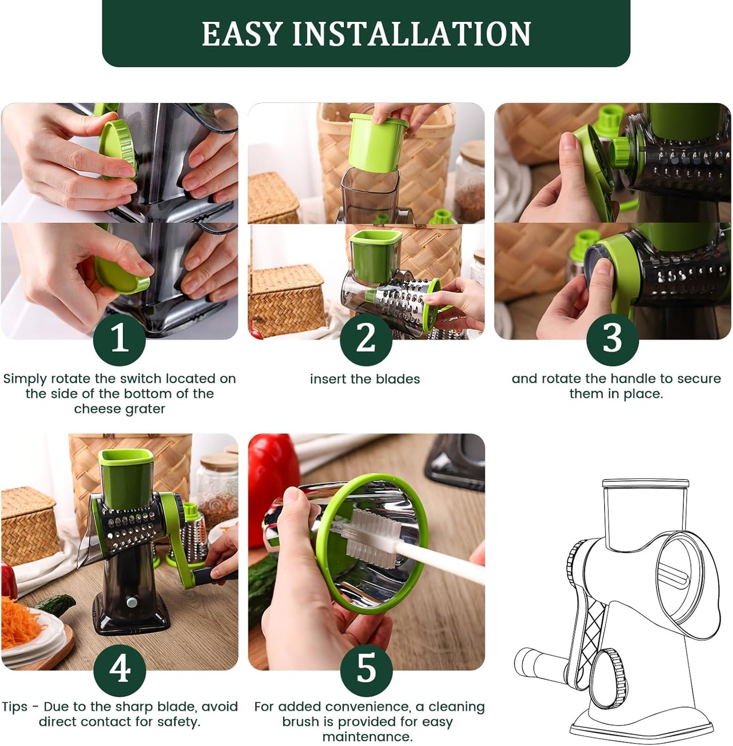 HANSGO Rotary Cheese Grater, Cheese Shredder, Labor-Saving Handle, Strong Suction Base, 3 Changeable Blades for Harder Cheeses, Vegetable, Nuts, Chocolate, Fruits, Safe & Easy to Clean