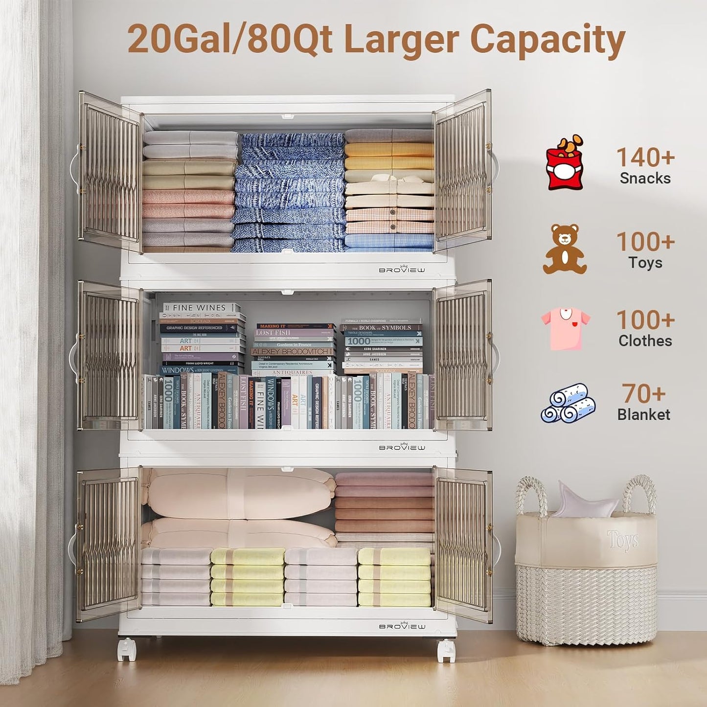 240Qt Stackable Storage Bins with Lid, Extra Large Closet Organizer Collapsible Drawer Boxes with Wheels, Folding Plastic Cabinet Containers for Home Kitchen Room Organization, 3Pack White