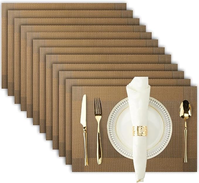 Brown Placemats Set of 12-Durable PVC Vinyl Woven Place Mats for Dining Table Heat Resistant Non-Slip Washable Indoor/Outdoor Table Mats 12 x 17 inch