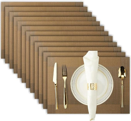 Brown Placemats Set of 12-Durable PVC Vinyl Woven Place Mats for Dining Table Heat Resistant Non-Slip Washable Indoor/Outdoor Table Mats 12 x 17 inch