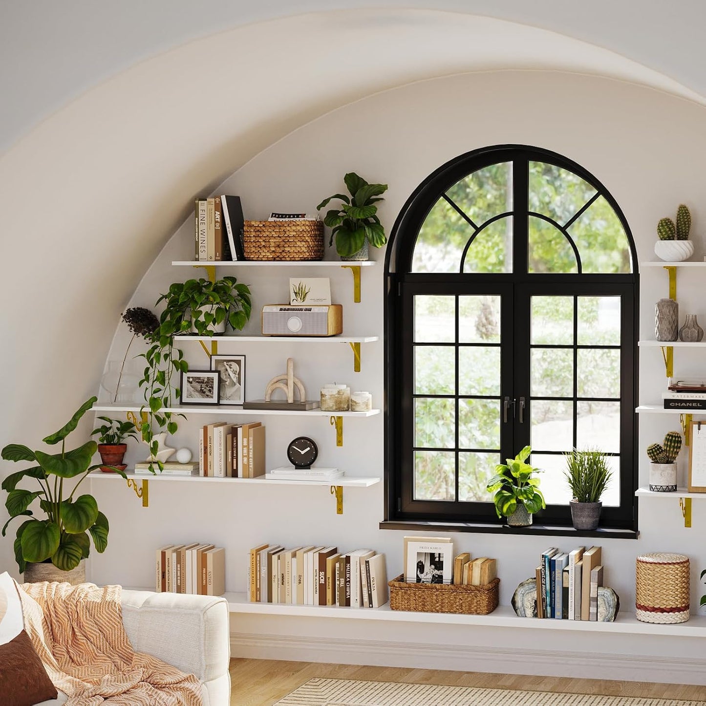 DINZI LVJ Long Wall Shelves, 39.4" Wall Mounted Shelves Set of 4, Large Floating Shelves for Wall with Metal Brackets, for Living Room, Bathroom, Bedroom, Kitchen, White and Gold