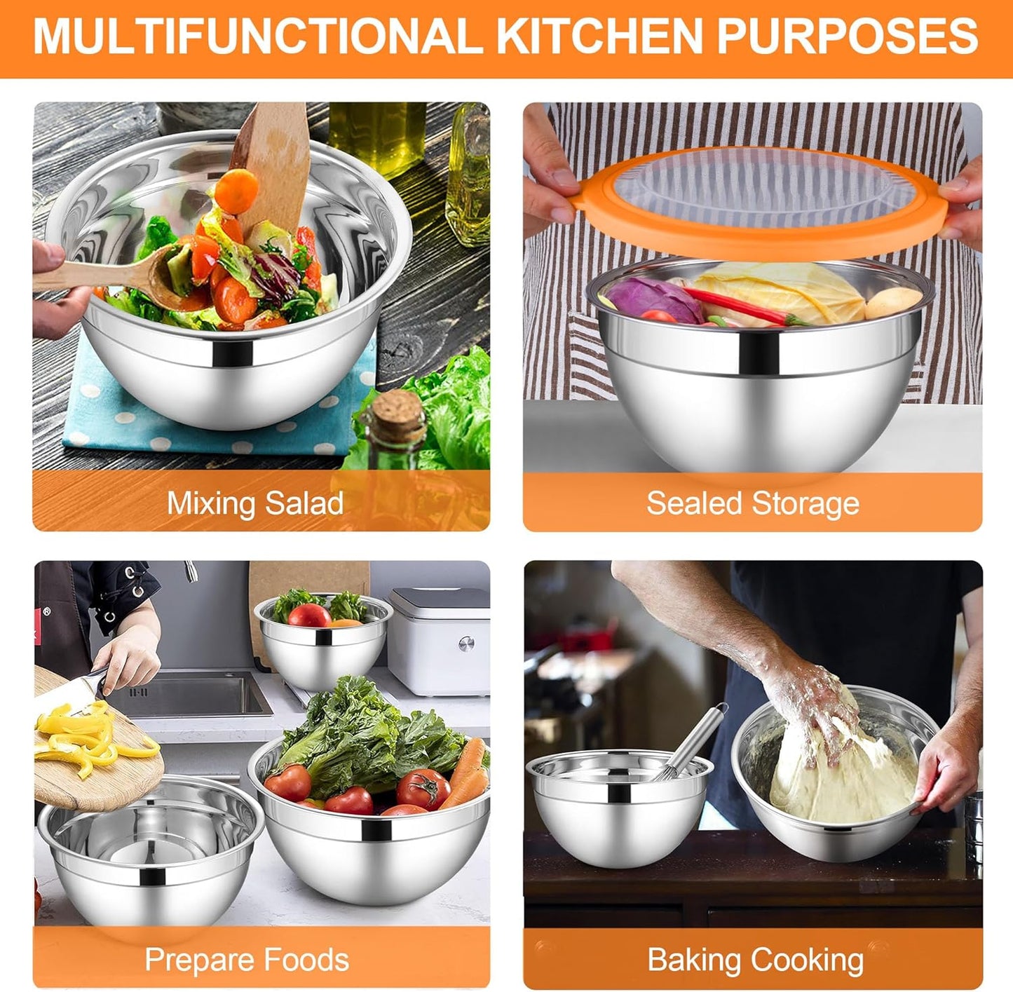 LIANYU Mixing Bowls with Visible Lid Sets of 6, Stainless Steel Metal Salad Nesting Bowls, Large & Small 7, 3.5, 2.5, 2, 1.5, 1QT Size For Kitchen, Baking, Storage, Food Prepping, Serving, Multi-Color