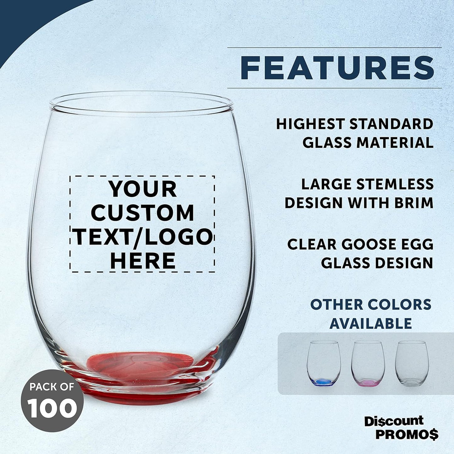 Custom Stemless Wine Glasses in Bulk by ARC Perfection, 15 oz, 100 pack, Personalized Text, Logo, Red or White Wine Glass Set, Red