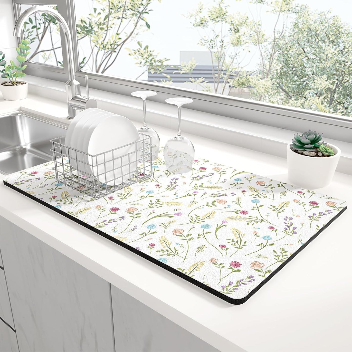 Rnivvi Dish Drying Mat for Kitchen Counter, 12 x 19" Cute Flower Theme Super Absorbent Draining Pad, Non-Slip Heat Resistant Coffee Bar Mat for Coffee Machine Station Accessories, White Dish Rack Pad
