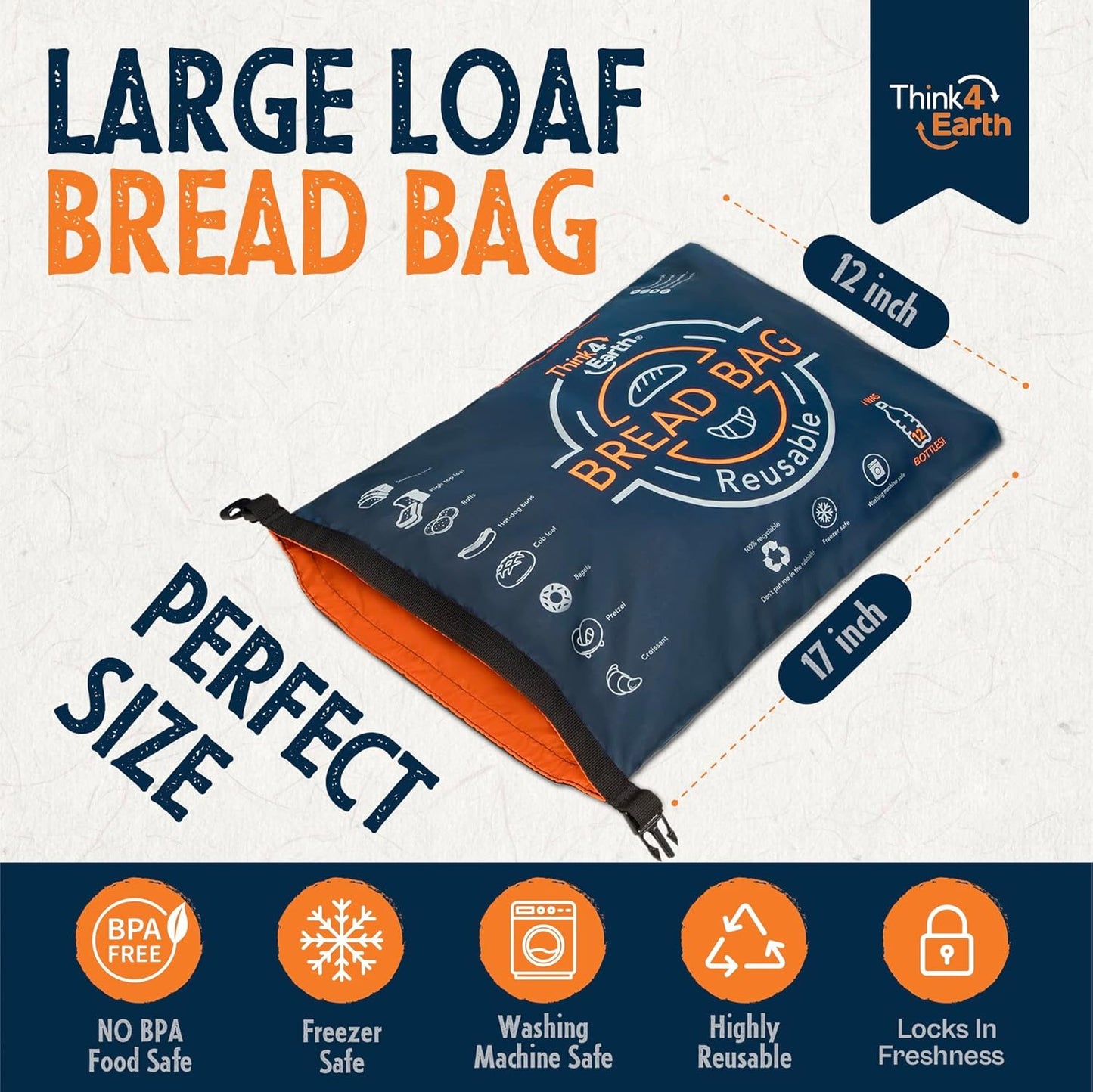 Think4Earth® – Bread Bag - Reusable Freezer Bag for Homemade Bread Maker Gift Giving - Container for Sourdough Loafs Storage, Large Bags with Double Lining