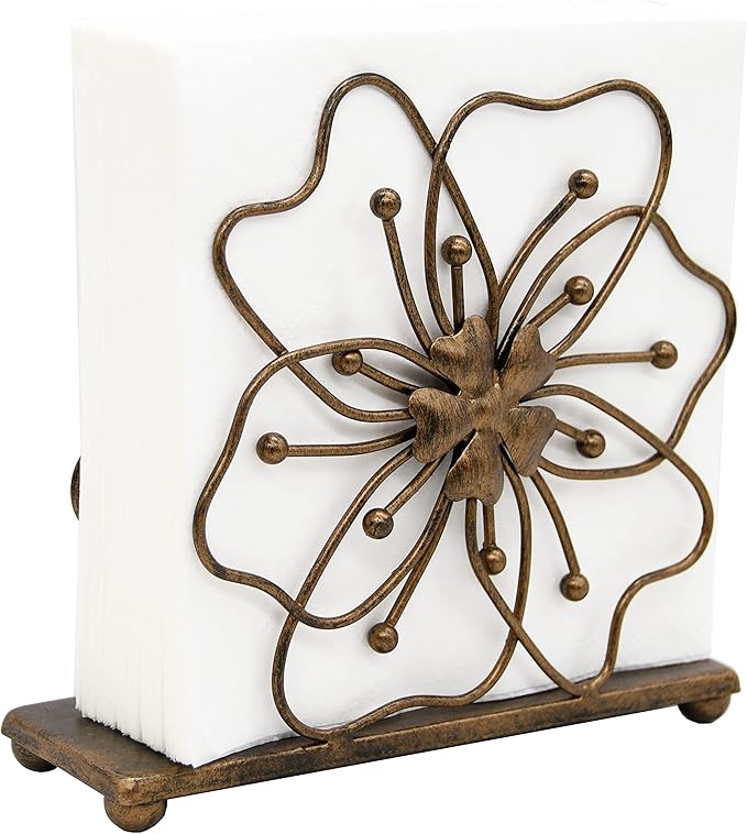 OwlGift Flower Style Napkin Holder, Freestanding Tissue Dispenser, Dining Table Napkin Storage for Home Kitchen Restaurant Picnic Party Wedding Housewarming – Bronze