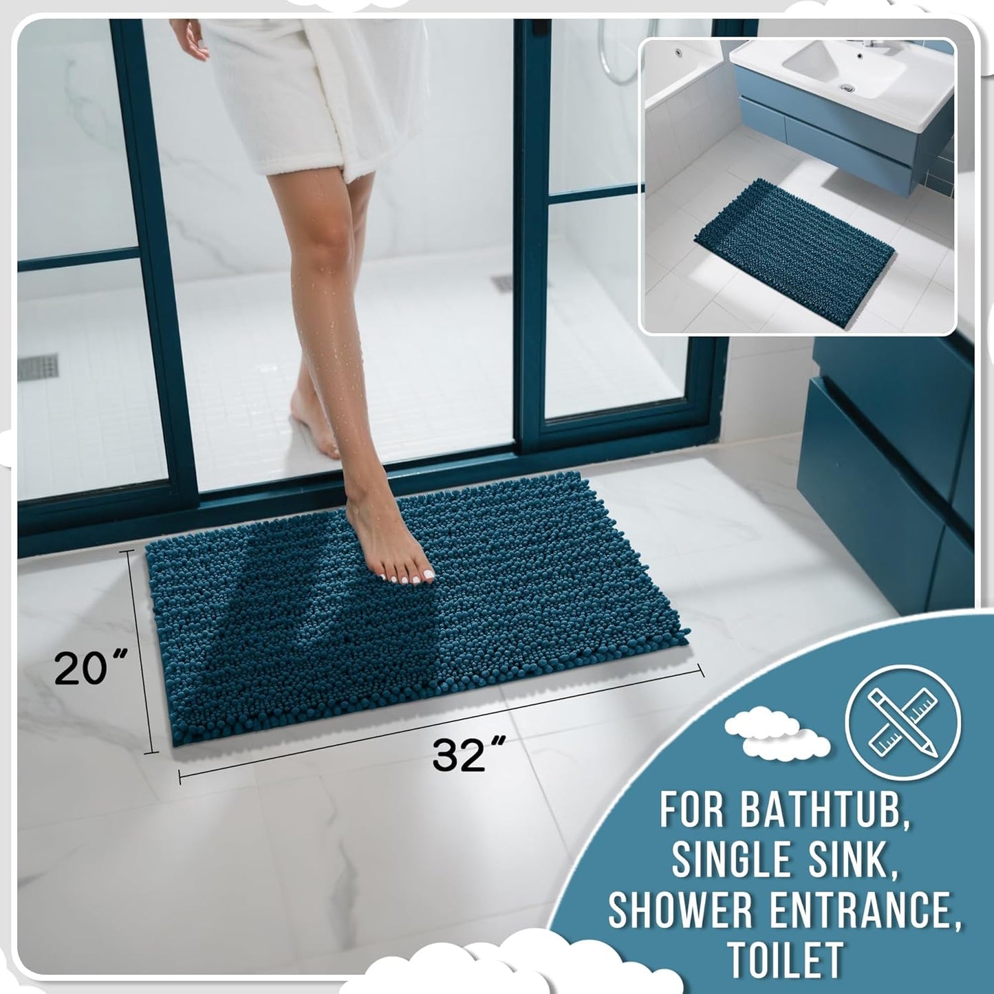 Yimobra Bathroom Rugs Non Slip Washable 32x20 Inch - Ultra Soft Absorbent Chenille Bath Mat, Quick Dry Shaggy Floor Carpet for Tub Shower, Peacock Blue Home Decor Accessories