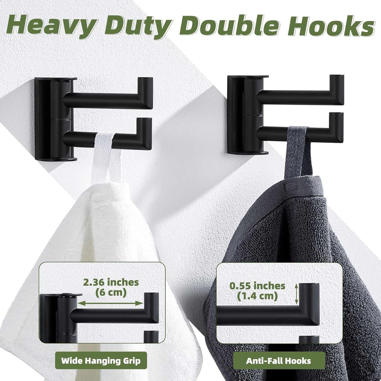 APLusee Swivel Towel Hook Matte Black 2 Pack, 304 Stainless Steel Towel Holder Bathroom Robe Hook, Folding Wall Hook Wall Mounted