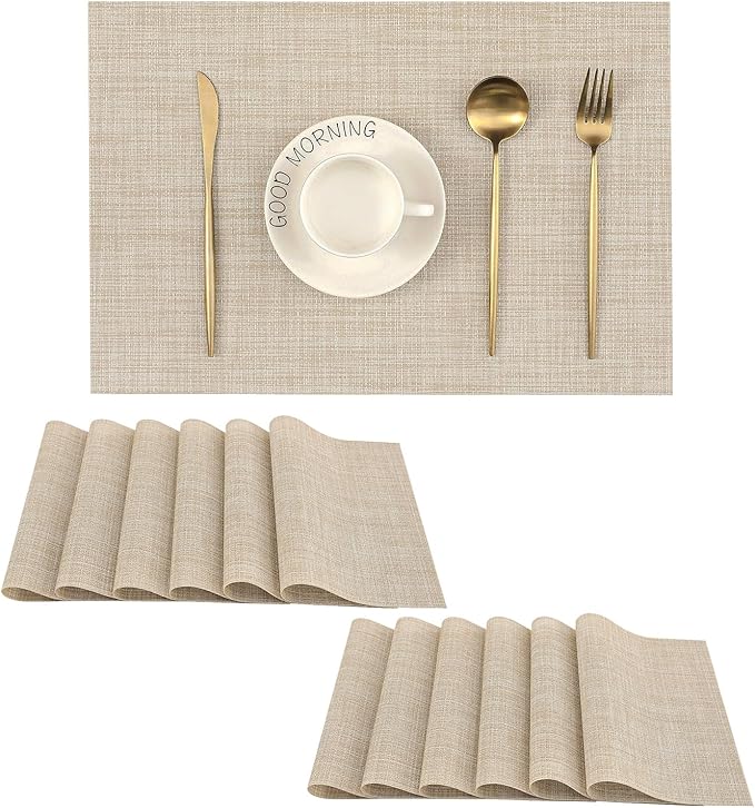Leetaltree Beige Placemats Set of 12 - Heat Resistant Non-Slip Place mats for Dining Table, Washable Durable PVC Vinyl Woven Table Mats（Beige, 12）