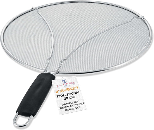 U.S. Kitchen Supply Stainless Steel Splatter Guard 13" Fine Mesh Cover, Grease & Oil, Splatter Screen for Frying Pan, Cooking Pots, with Resting Feet & Comfort Grip Handle
