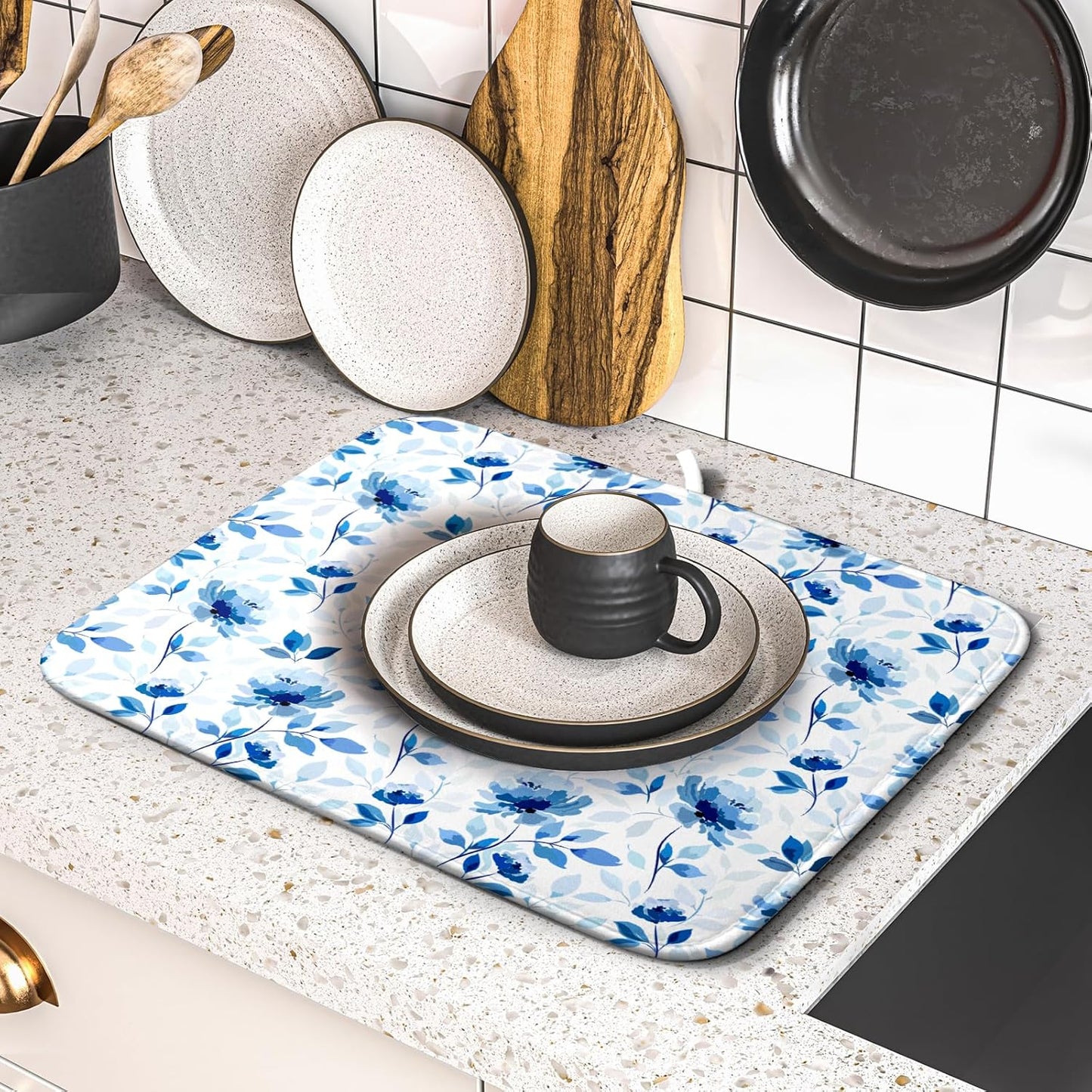 Blue Floral Dish Drying Mat 16x18 inch Flower Leaves Dish Rack Pad Microfiber Washable Dishes Drainer Pad Kitchen Countertop Accessories