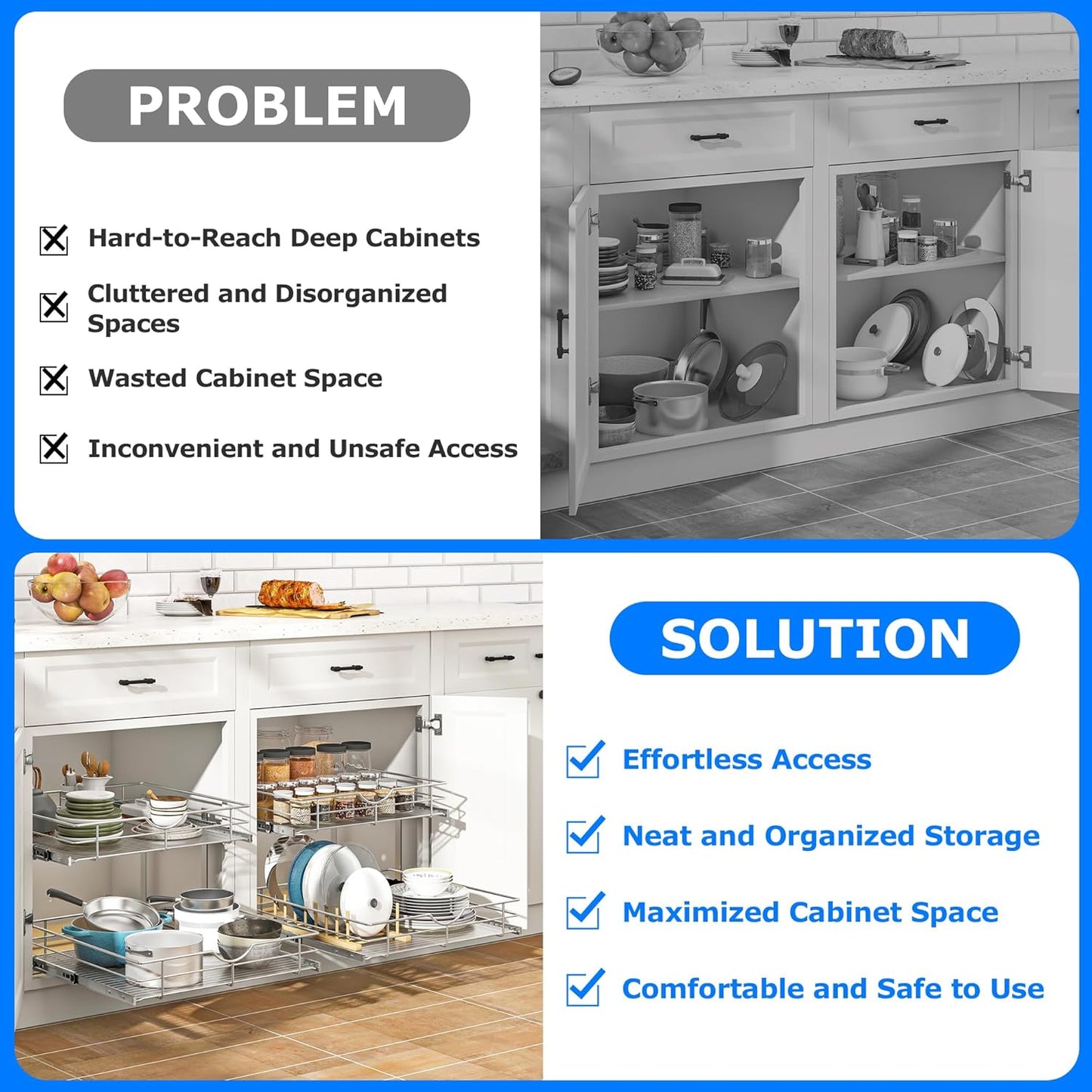 WelFurGeer 2-Tier Stainless Steel Pull Out Cabinet Organizer, Soft Close Damping Slides, Heavy Duty Chrome Plated Wire Basket with Shelf Liner, Perfect for Kitchen Cabinets, Pantry Storage, Under Sink