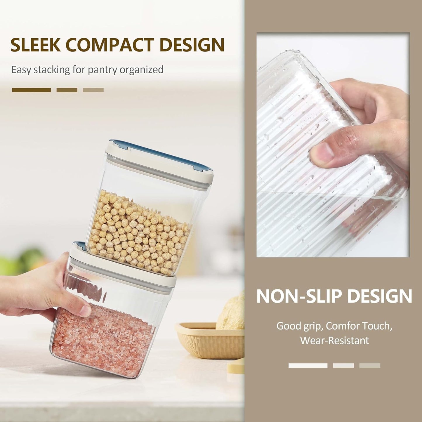 Flip-Lock Airtight Food Storage Containers 6-PC (0.6 Qt*2+1.6 Qt*3+3.4 Qt),Leakproof Ring Seal Top,Anti-Slip Pantry Canister for Flour Sugar,Coffee,Dog Food Treat,Rectangle White