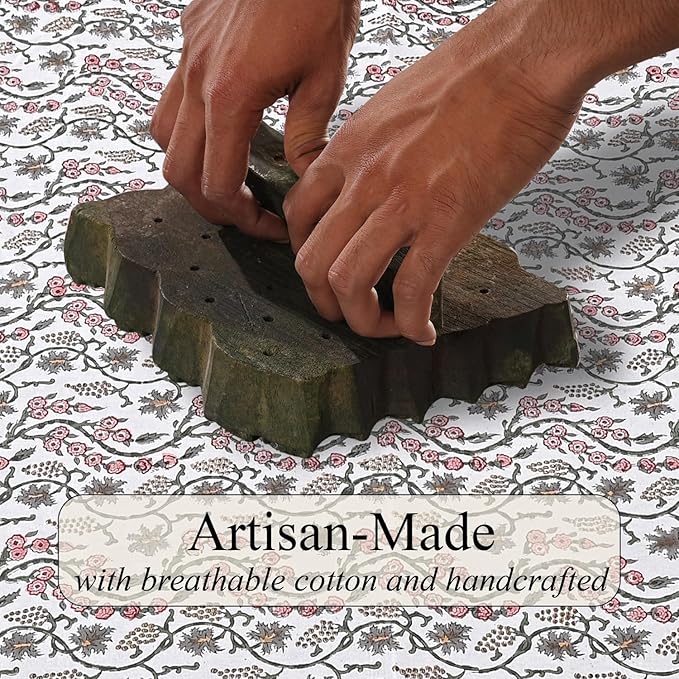 Ridhi Coral Pink Trails Hand Block Print Cotton Rectangle Tablecloth 108 x 70 inches Reusable Table Cover Decorative Everyday Use for Dining Room, Farmhouse, Home, Party, Festive & Wedding, Fall