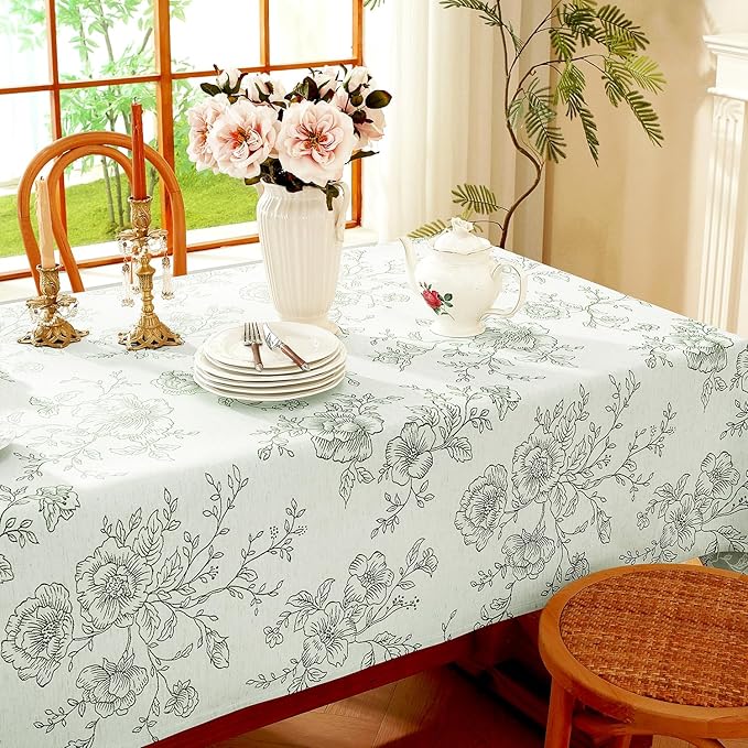 Chassic Premium Vintage Farmhouse Damask Floral 52 x 70 inch Rectangle Table Cloth – Water Resistant Linen Textured Jacquard Tablecloth for Kitchen Dining & Picnic Decor - Green