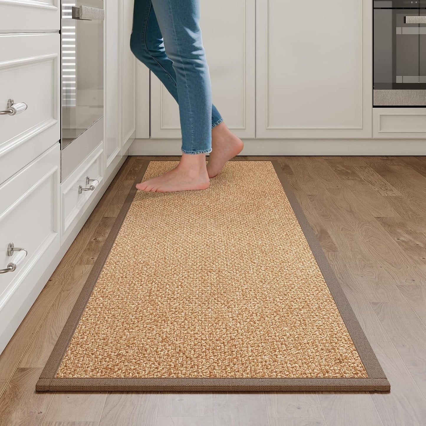 Kitchen Rugs Non Slip Washable, Super Absorbent Kitchen Mats for Floor, Rubber Backing Jute-Like Braid Kitchen Sink Mat Runner Rug Standing Floor Mat, Easy to Clean, Brown 17"x47"