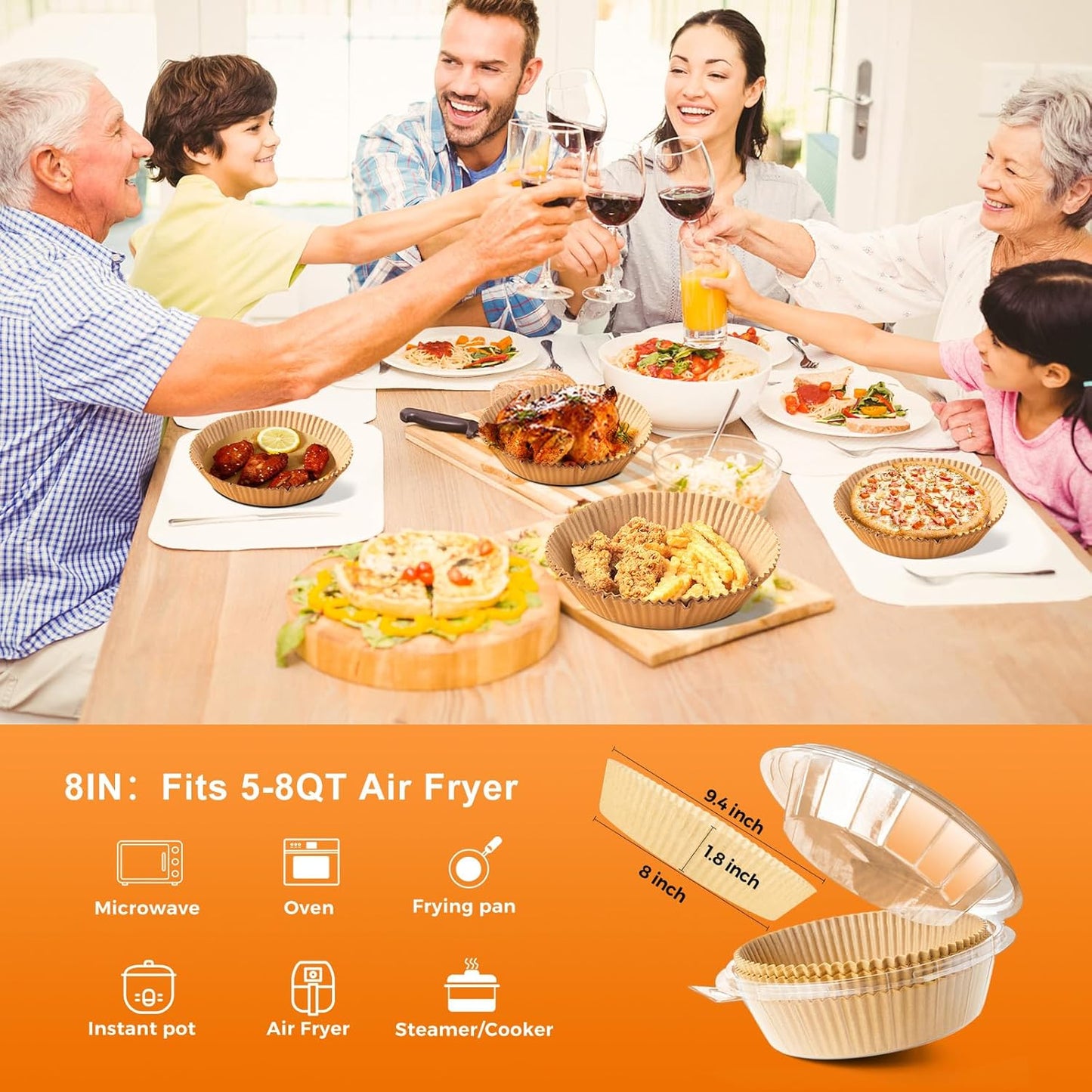 Air Fryer Liners Disposable - 50 PCS 8 Inch Air Fryer Parchment Paper Round, Non-Stick Food Grade Paper Liner for Baking Roasting Microwave