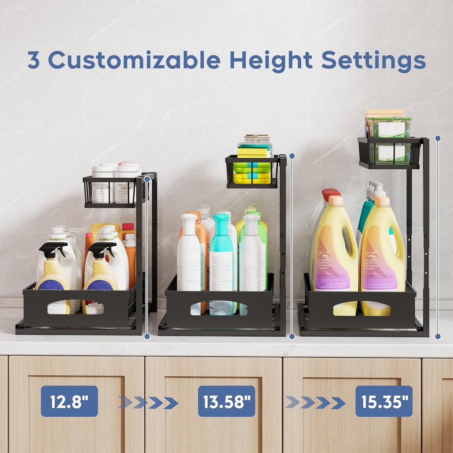 Under Sink Organizer, 2 Pack Height Adjustable Cabinet Organizer with Slide Out Drawer, Pull Out Under Sink Storage, Multi-Purpose 2 Tier Sink Shelves for Kitchen Bathroom Pantry (Black, 2 Pack)