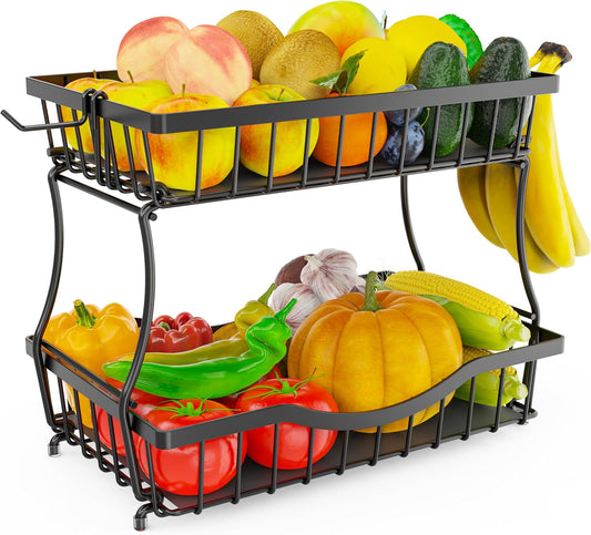 Large 2-Tier Fruit Basket for Kitchen Counter with 2 Banana Hangers – Metal Fruit Bowl for Onion, Vegetable, Snacks, Breads Storage – Countertop Organizer – Black, 14.5" W x 9.5" D