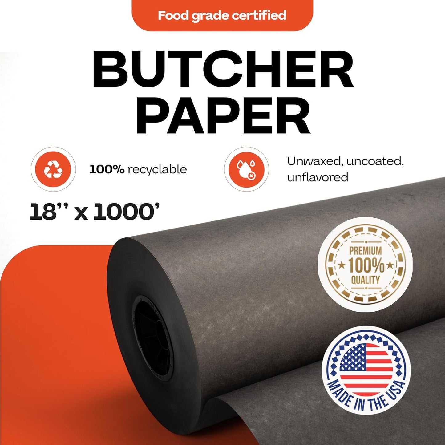 Black Butcher Paper 18" x 12000" (1000 feet) - USA-Made Natural Butcher Paper Roll for Meat and Fish - Uncoated, Unwaxed & Food-Grade Material for Grilling - BBQ Papers for Smoking by IDL Packaging