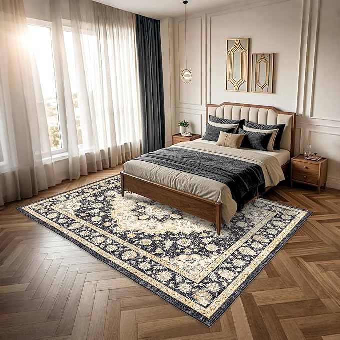Area Rug for Living Room - Indoor Machine Washable Vintage Rugs for Bedroom Dinning Room Floor Carpet Non-Slip Backing Rugs Floral Soft Low-Pile Office Rug (Black/Beige, 6' × 9')