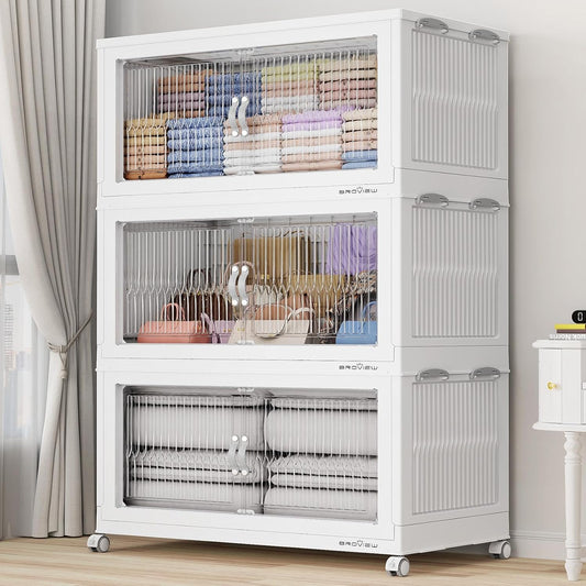 600Qt Extra Large Stackable Storage Bins with Lid, Closet Organizer Collapsible Drawer Boxes with Wheels, Folding Plastic Cabinet Containers for Home Kitchen Room Organization, 3Pack White