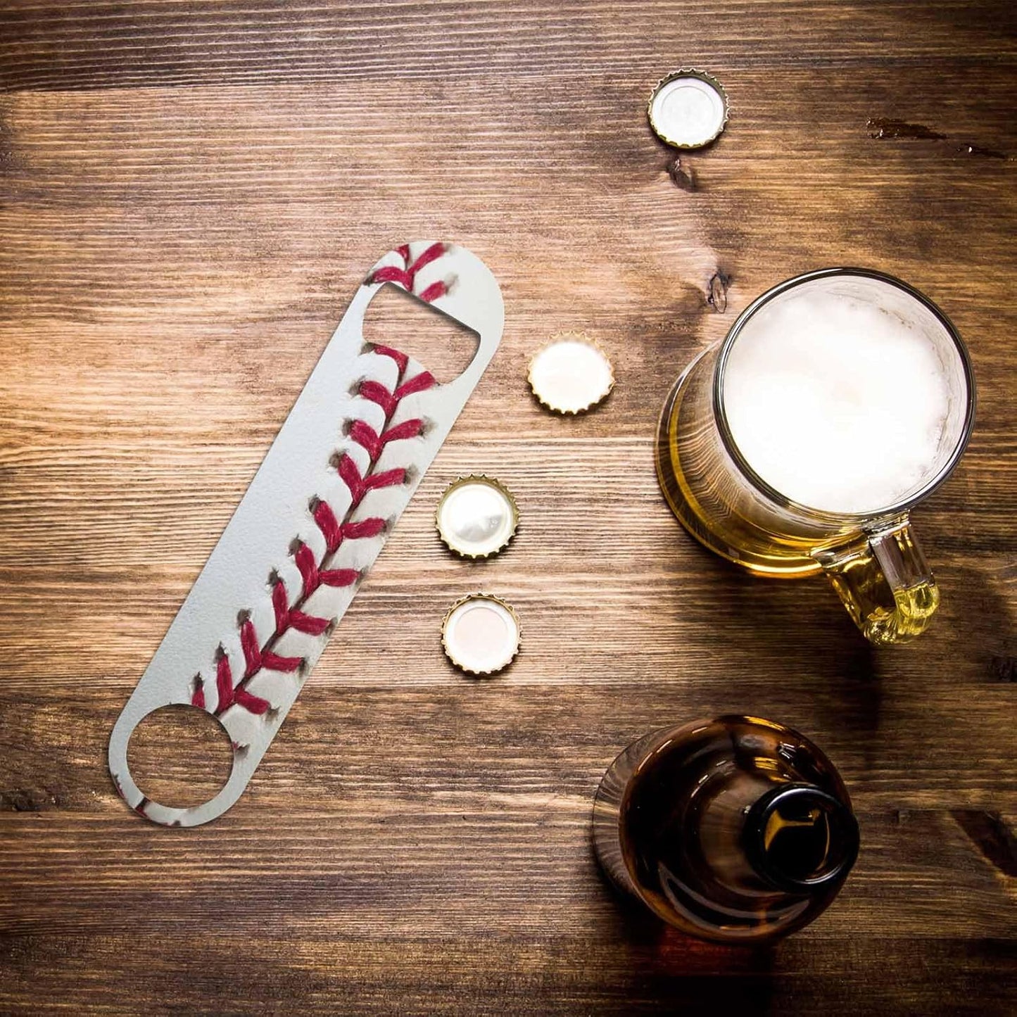 Baseball Stitching Stainless Steel Bottle Opener White Red Training Leather Ball Softball Texture Flat Beer Bottle Opener Keychain for Home Kitchen Bar Restaurant Party Birthday Gift