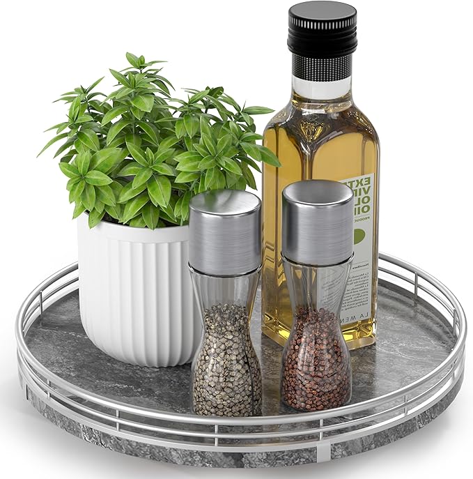 Gray Marble Lazy Susan Turntable for Table Top – 10” Round Marble Tray Organizer for Dining Table, Kitchen Countertop & Bar, Luxury Stone Serving Tray with Silver Frame