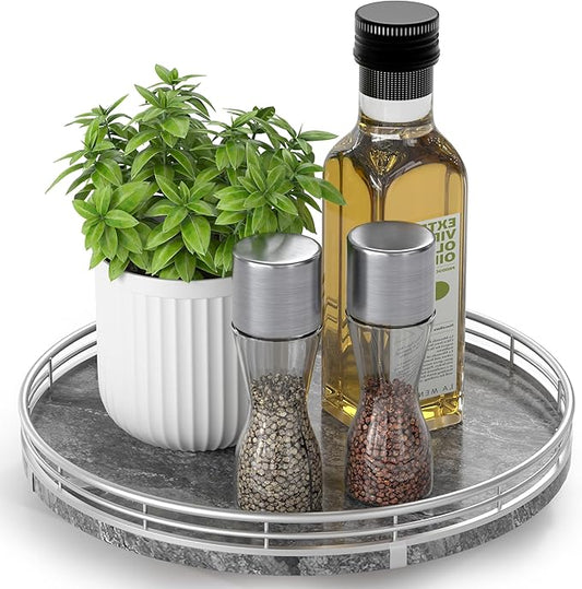Gray Marble Lazy Susan Turntable for Table Top – 10” Round Marble Tray Organizer for Dining Table, Kitchen Countertop & Bar, Luxury Stone Serving Tray with Silver Frame
