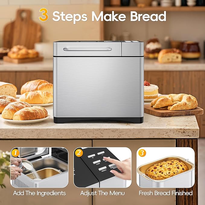 Manastin 2LB & 1.5LB Bread Maker Machine, 19-in-1 Automatic with 3 Crust Colors, 3-Step Beginner-Friendly Operation, Keep Warm, Programmable Delay Timer for Homemade Bread, Silver