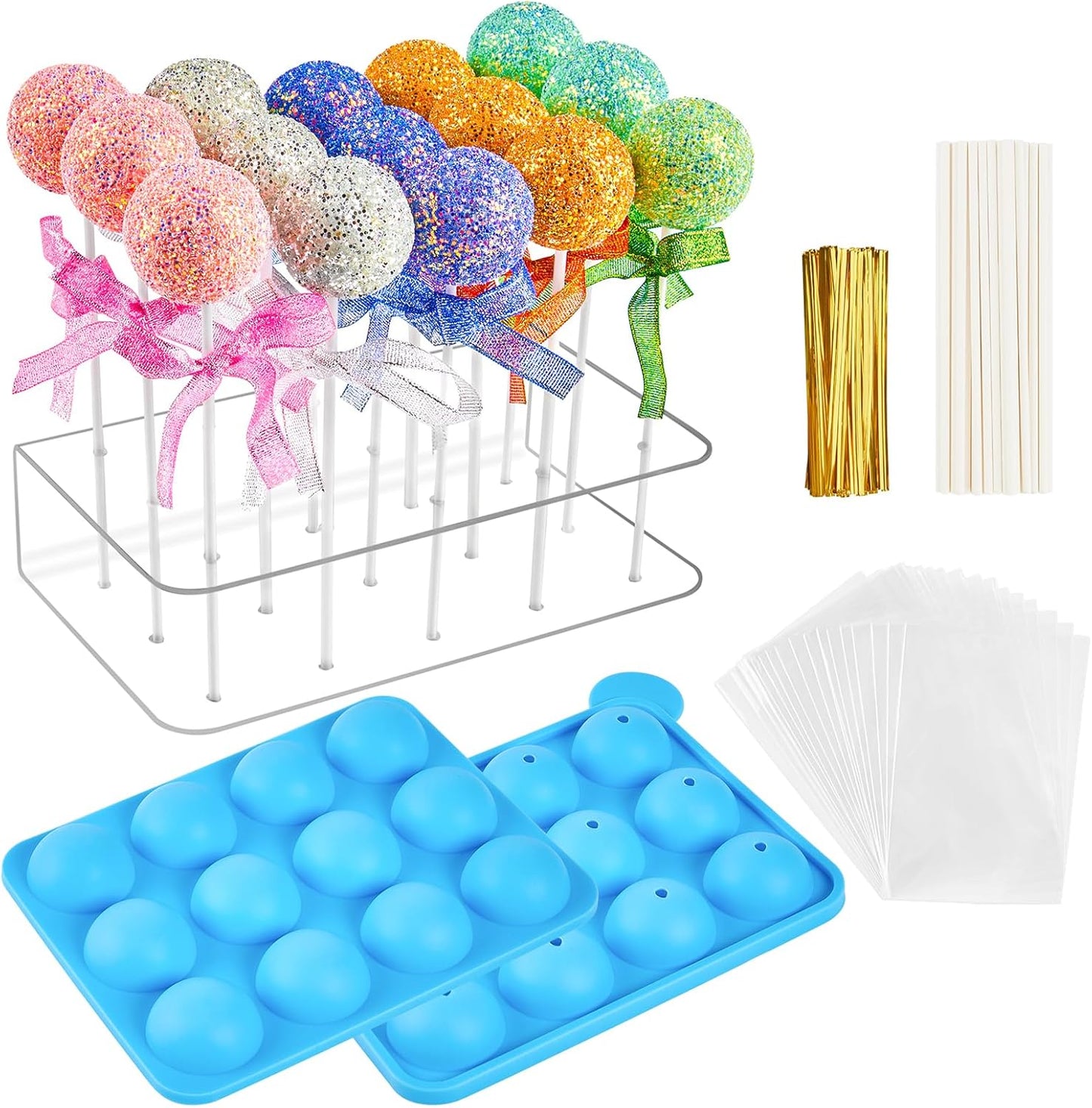 Kucoele Cake Pop Mold Set, Including 15 Hole Clear Acrylic Lollipop Display Stand Holder, 12 Cavity Blue Silicone Cake Pop Mold, Cake Pop Sticks Treats Bags and Twist Ties