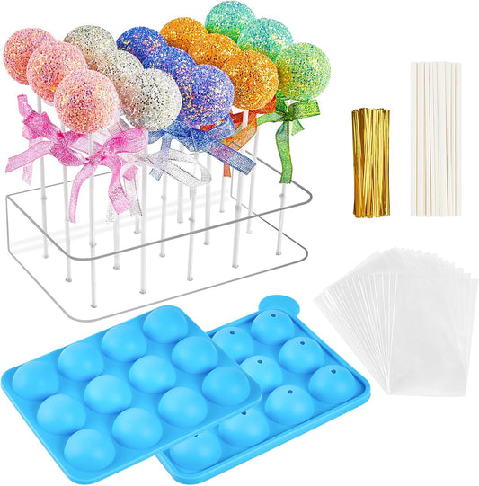 Kucoele Cake Pop Mold Set, Including 15 Hole Clear Acrylic Lollipop Display Stand Holder, 12 Cavity Blue Silicone Cake Pop Mold, Cake Pop Sticks Treats Bags and Twist Ties